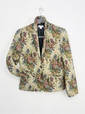 Garnet Hill Dark Cream Floral Tapestry Double Button Old World Blazer Jacket